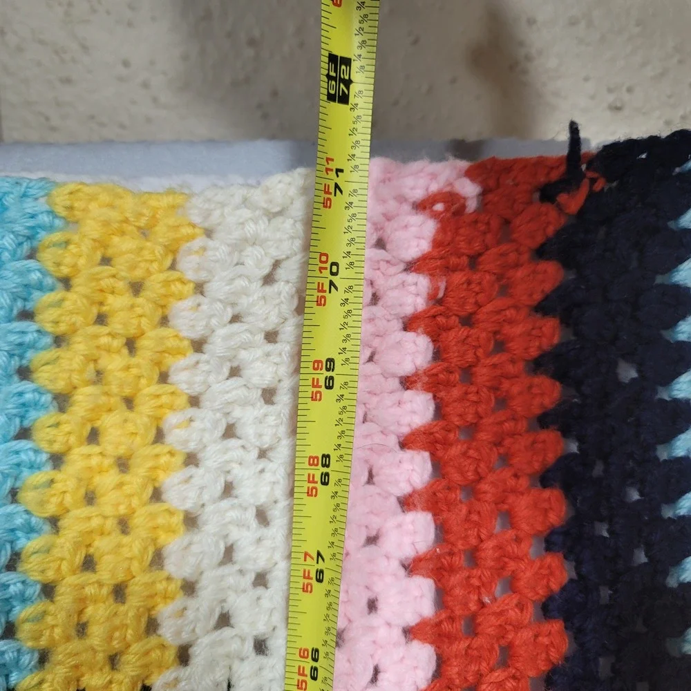 Handmade Crochet Striped Afghan Throw  Retro Rainbow Colors Blanket 38